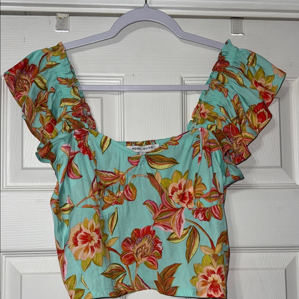 Rose & Olive Teal Floral Crop Top with Ruffle Sleeves